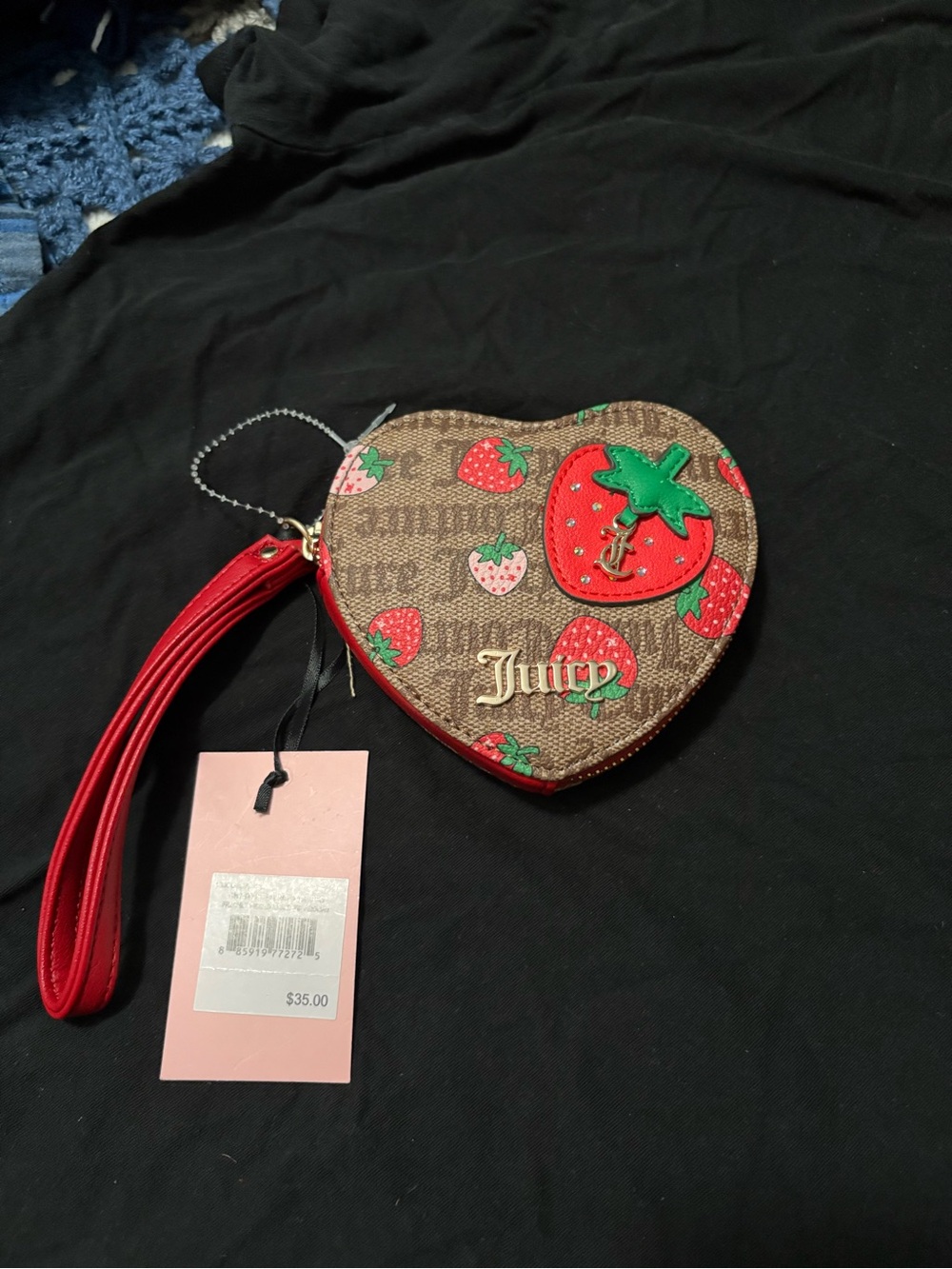 Juicy Couture Brown Strawberry Heart Wristlet with Red Strap